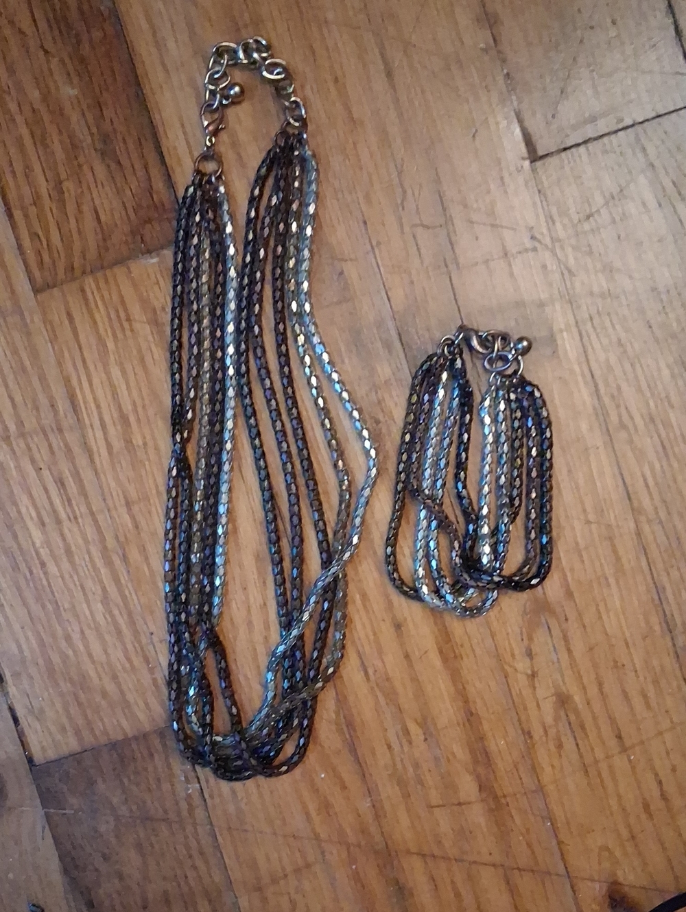 Multi-Strand Metallic Chain Necklace and Bracelet Set - Silver